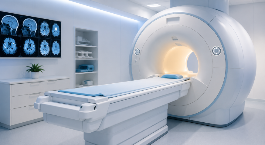 Modern brain MRI scanner in a clean medical imaging room at an outpatient diagnostic center